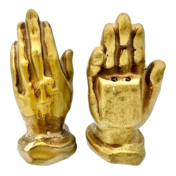 Vintage Gold Praying Hand-Shaped Salt and Pepper Shakers Collectible Religious - Picture 3 of 7